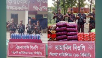 সিলেট সীমান্তে বিজিবির অভিযানে ৪৬ লাখ টাকার চোরাচালানি পণ্য আটক